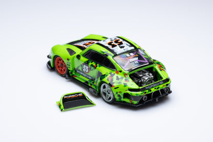 DCM 1:64 Porsche RWB 993 Duck Tail Spoiler Removable Rear Engine Hood- Fluorescent Green #53