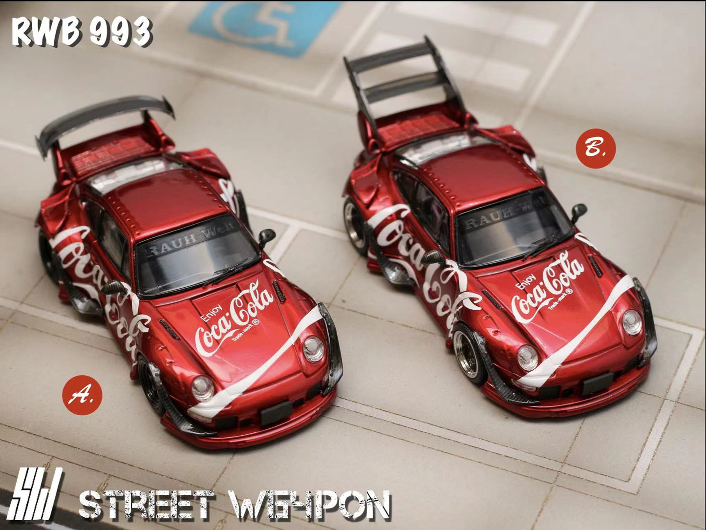 Street Weapon 1/64 Porsche RWB 993 Coca Cola Red Low Tail Spoiler Edition