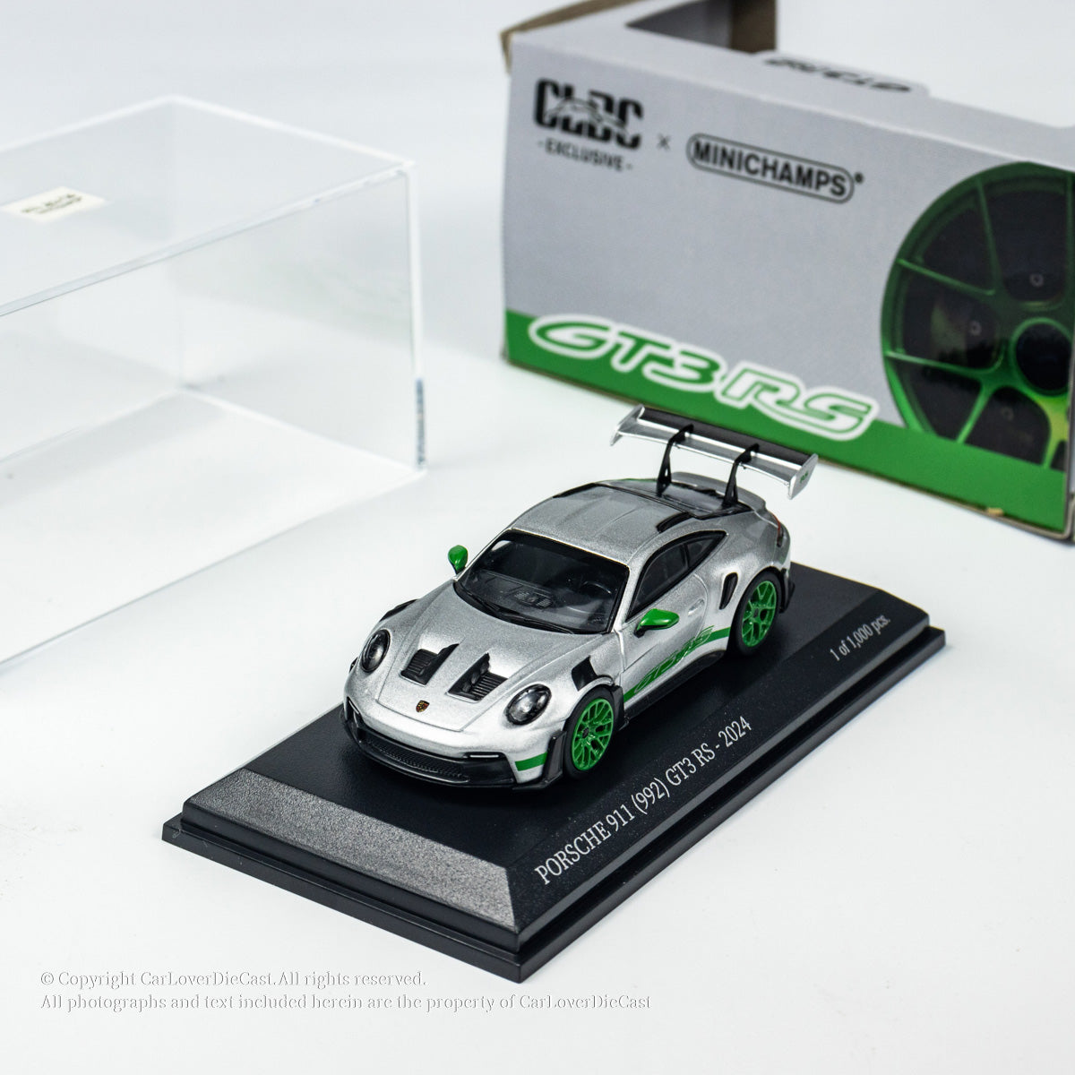 MINICHAMPS 1:64 PORSCHE 911 (992) GT3 RS - 2024 - SILVER W GREEN DECOR EXCLUSIVE FOR CLDC