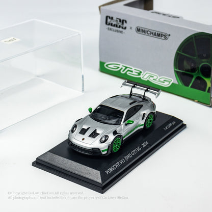 MINICHAMPS 1:64 PORSCHE 911 (992) GT3 RS - 2024 - SILVER W GREEN DECOR EXCLUSIVE FOR CLDC