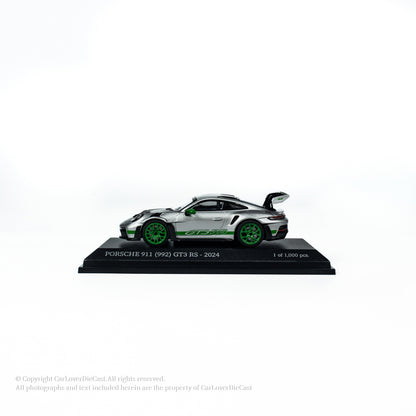 MINICHAMPS 1:64 PORSCHE 911 (992) GT3 RS - 2024 - SILVER W GREEN DECOR EXCLUSIVE FOR CLDC