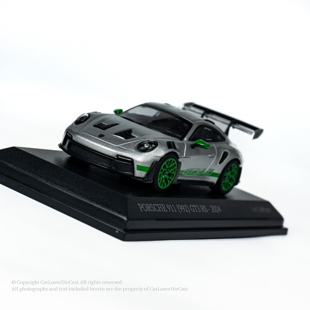 MINICHAMPS 1:64 PORSCHE 911 (992) GT3 RS - 2024 - SILVER W GREEN DECOR EXCLUSIVE FOR CLDC