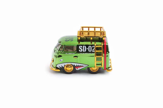 HY Model 1:64 Volkswagen T1 Kombi Camper Van Short Axis Chrome Green Shark Standard Wheels