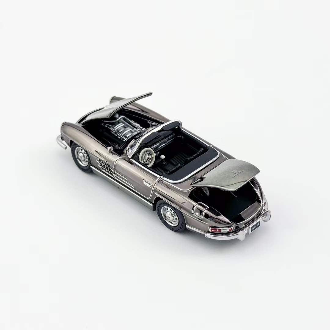 YS Model 1:64 Mercedes Benz SL Class MK1 300SL Roadster W198 Convertible Coupe Openable Front and Rear Hood Chrome Grey