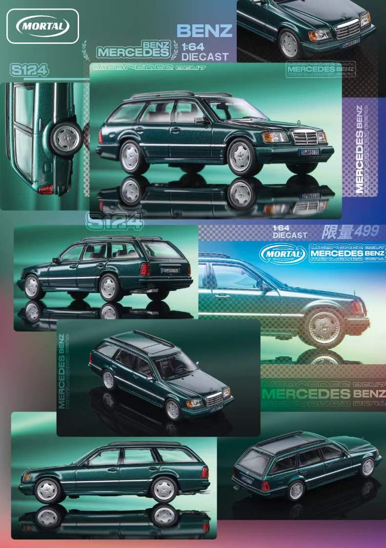 Mortal 1:64 Mercedes Benz E Class S124 Estate Green Original Silver Wheels Version with Roof Cage and Bicycles Limited 499 Pieces