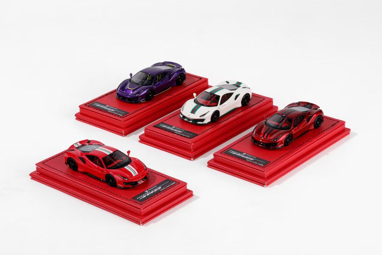 [Premium Resin Model] Rotating Wheel 1:64 Ferrari 488 Pista Coupe Hard Roof Metallic Red Black Strips with Leather Base Platform Limited 299 Pieces