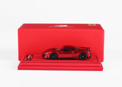 [Premium Resin Model] Rotating Wheel 1:64 Ferrari 488 Pista Coupe Hard Roof Metallic Red Black Strips with Leather Base Platform Limited 299 Pieces