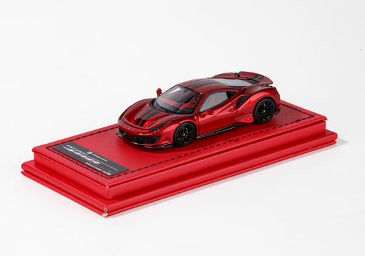 [Premium Resin Model] Rotating Wheel 1:64 Ferrari 488 Pista Coupe Hard Roof Metallic Red Black Strips with Leather Base Platform Limited 299 Pieces