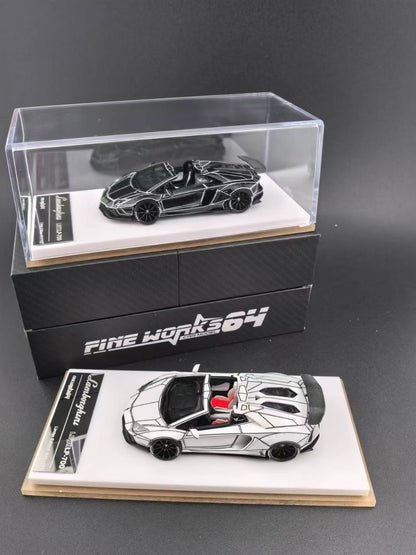 [Premium Resin Model] Fine Works 1:64 Lamborghini Aventador LP700-4 Roadster Convertible Liberty Walk Edition Tron Black White Panel Lines Limited 199 Pieces