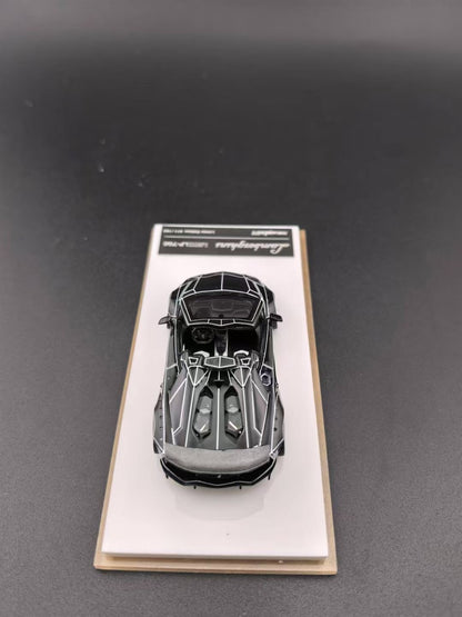 [Premium Resin Model] Fine Works 1:64 Lamborghini Aventador LP700-4 Roadster Convertible Liberty Walk Edition Tron Black White Panel Lines Limited 199 Pieces