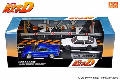 Modelers 1/64 Initial D Japanese Comic Anime Special Edition with Background Toyota Sprinter Trueno AE86 White & Toyota MR2 SW20 Blue - 2 Cars Set