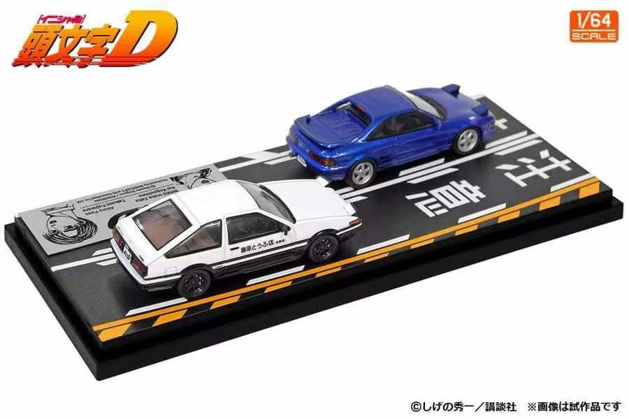 Modelers 1/64 Initial D Japanese Comic Anime Special Edition with Background Toyota Sprinter Trueno AE86 White & Toyota MR2 SW20 Blue - 2 Cars Set