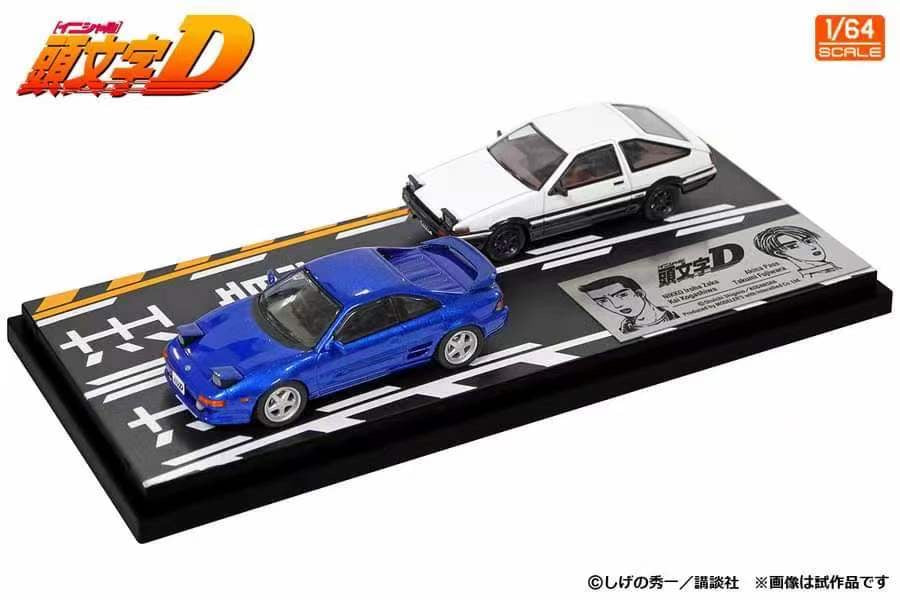 Modelers 1/64 Initial D Japanese Comic Anime Special Edition with Background Toyota Sprinter Trueno AE86 White & Toyota MR2 SW20 Blue - 2 Cars Set