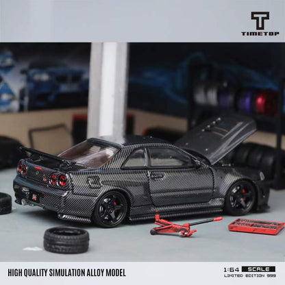 Time Top 1:64 Nissan Skyline GT-R R34 Openable Bonnet Engine Hood Full Carbon Black- Double Layer Transparent Acrylic Hardcover Version