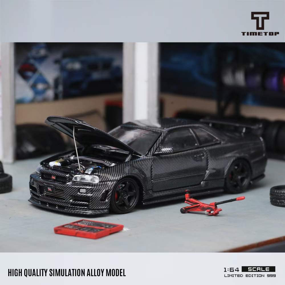 Time Top 1:64 Nissan Skyline GT-R R34 Openable Bonnet Engine Hood Full Carbon Black- Double Layer Transparent Acrylic Hardcover Version