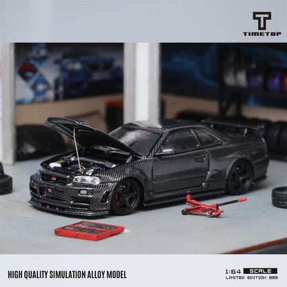 Time Top 1:64 Nissan Skyline GT-R R34 Openable Bonnet Engine Hood Full Carbon Black- Double Layer Transparent Acrylic Hardcover Version