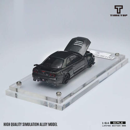 Time Top 1:64 Nissan Skyline GT-R R34 Openable Bonnet Engine Hood Full Carbon Black- Double Layer Transparent Acrylic Hardcover Version