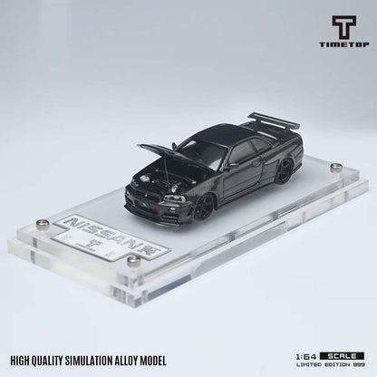 Time Top 1:64 Nissan Skyline GT-R R34 Openable Bonnet Engine Hood Full Carbon Black- Double Layer Transparent Acrylic Hardcover Version