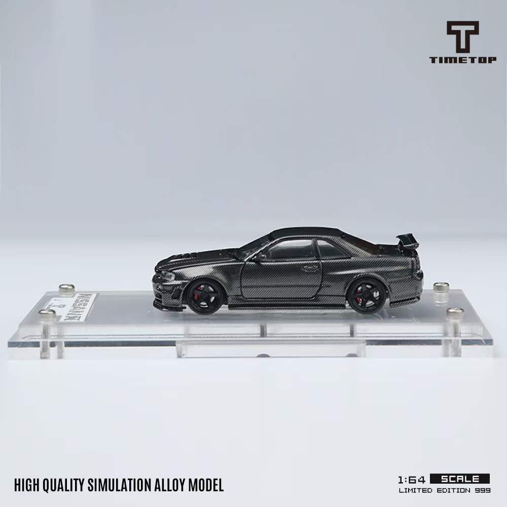 Time Top 1:64 Nissan Skyline GT-R R34 Openable Bonnet Engine Hood Full Carbon Black- Double Layer Transparent Acrylic Hardcover Version