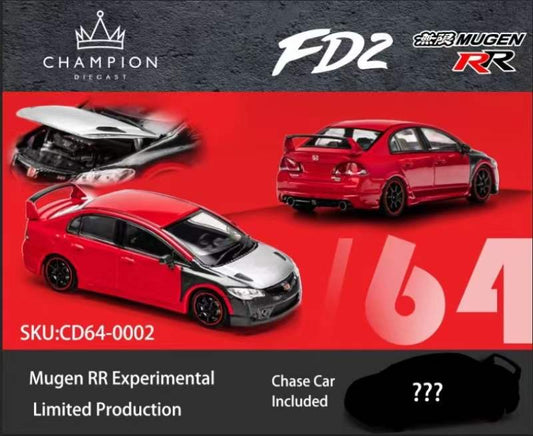 Champion Diecast 1:64 Honda CIVIC FD2 Mugen RR Openable Engine Hood Experimental Silver Red (Openable Engine Hood)