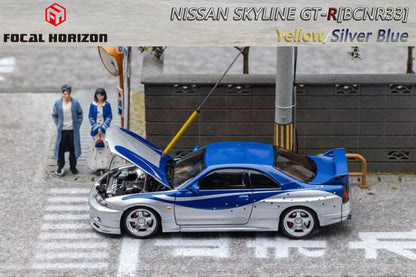 Focal Horizon 1/64 Nissan Skyline GT-R R33 BCNR33 Fast & Furious Livery Silver Blue with Openable Engine Hood