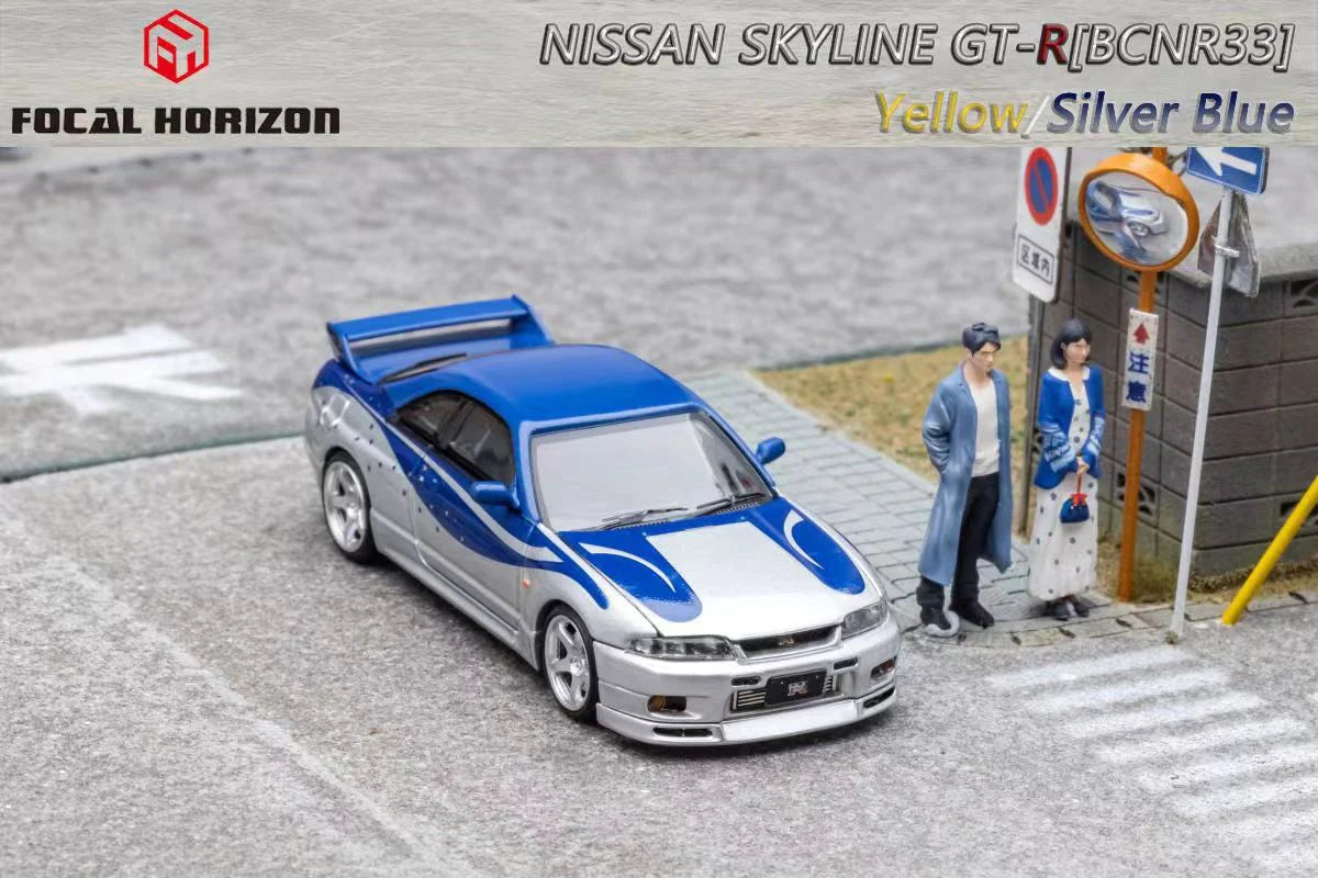 Focal Horizon 1/64 Nissan Skyline GT-R R33 BCNR33 Fast & Furious Livery Silver Blue with Openable Engine Hood