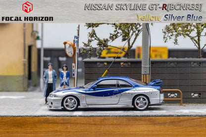 Focal Horizon 1/64 Nissan Skyline GT-R R33 BCNR33 Fast & Furious Livery Silver Blue with Openable Engine Hood