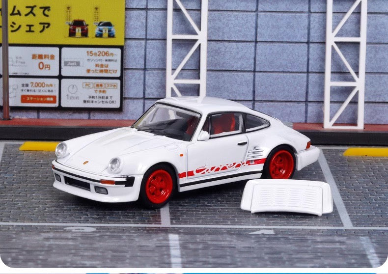 Master Model 1:64 Porsche 930 Turbo Open Engine Hood Wangan Midnight Black Bird Modified Edition- White with Red Wheels