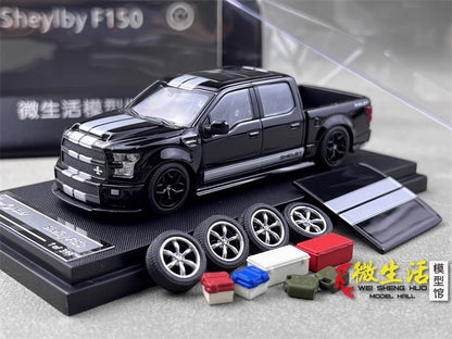 Funny Model 1:64 Ford F-150 F150 Pick Up Truck Shelby Lower Stance Custom Black with Tonneau Cover and Accessories