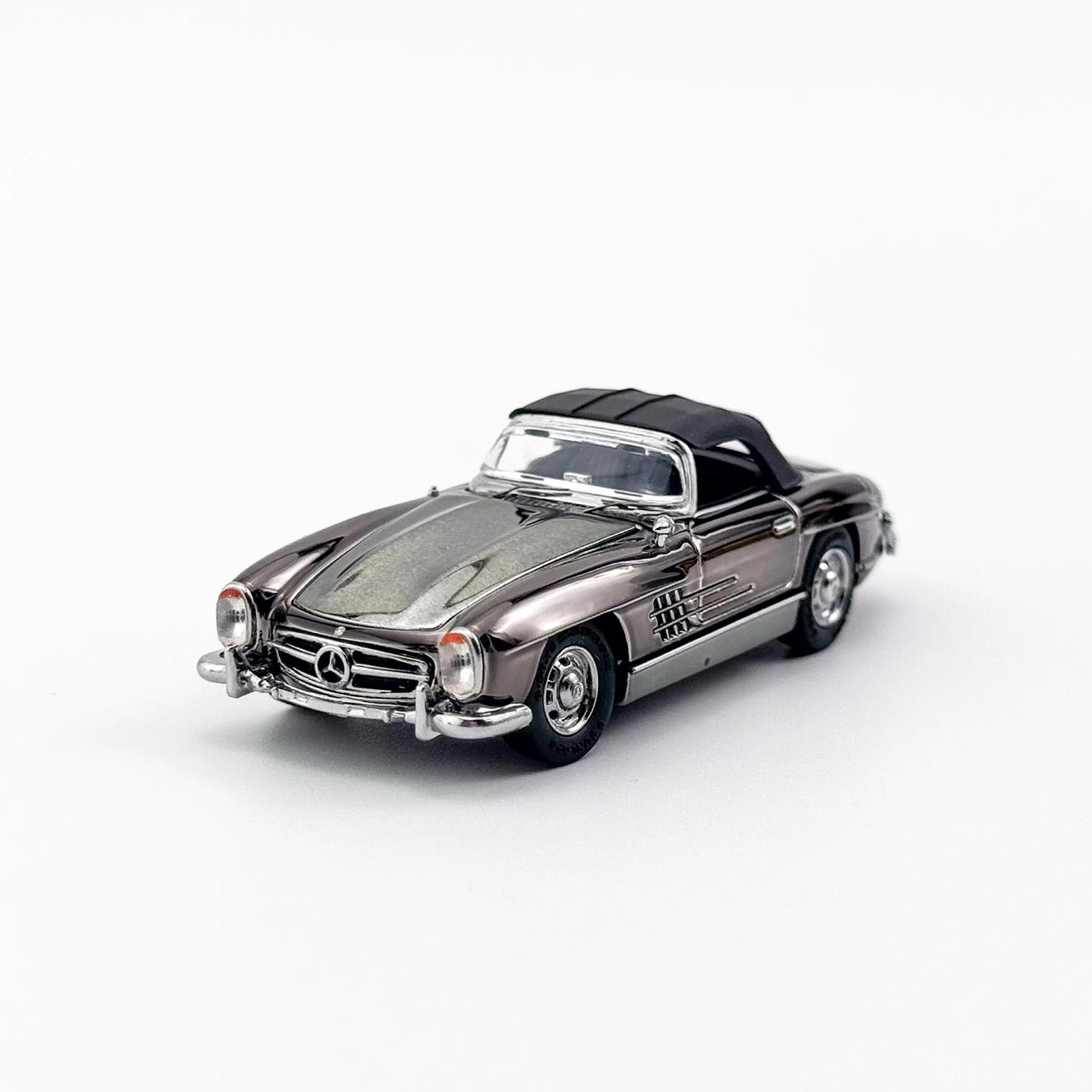 YS Model 1:64 Mercedes Benz SL Class MK1 300SL Roadster W198 Convertible Coupe Openable Front and Rear Hood Chrome Grey