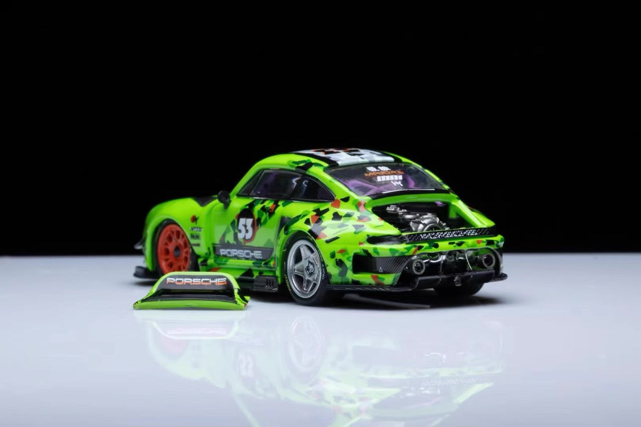 DCM 1:64 Porsche RWB 993 Duck Tail Spoiler Removable Rear Engine Hood- Fluorescent Green #53