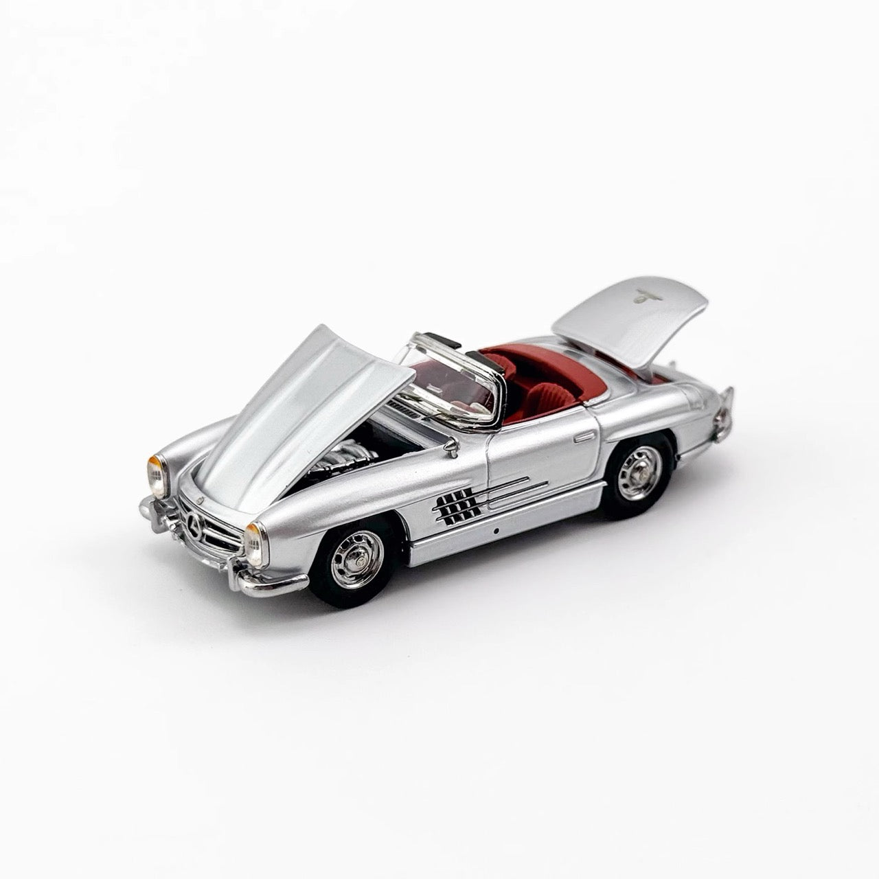 YS Model 1:64 Mercedes Benz SL Class MK1 300SL Roadster W198 Convertible Coupe Openable Front and Rear Hood Silver