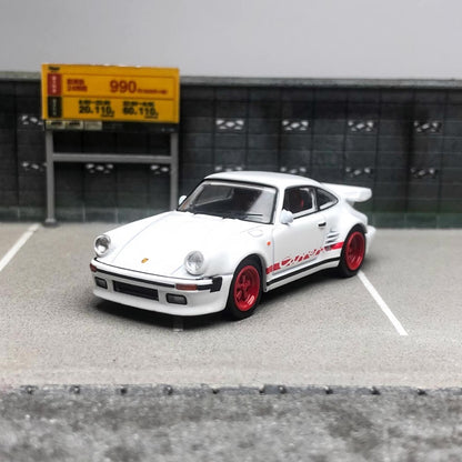 Master Model 1:64 Porsche 930 Turbo Open Engine Hood Wangan Midnight Black Bird Modified Edition- White with Red Wheels