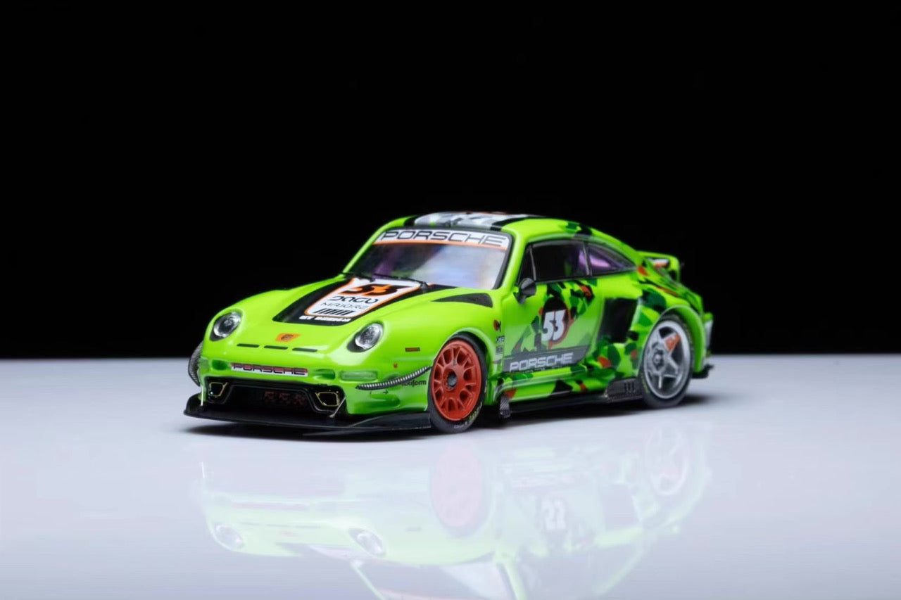 DCM 1:64 Porsche RWB 993 Duck Tail Spoiler Removable Rear Engine Hood- Fluorescent Green #53