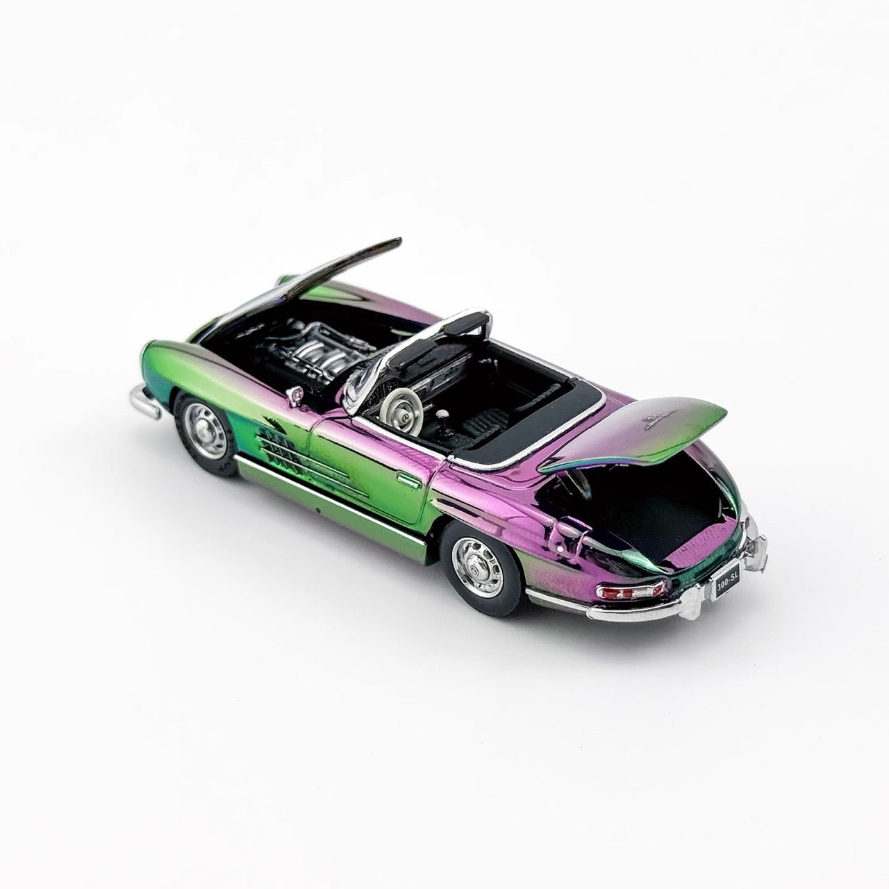 YS Model 1:64 Mercedes Benz SL Class MK1 300SL Roadster W198 Convertible Coupe Openable Front and Rear Hood Chrome Magic Purple