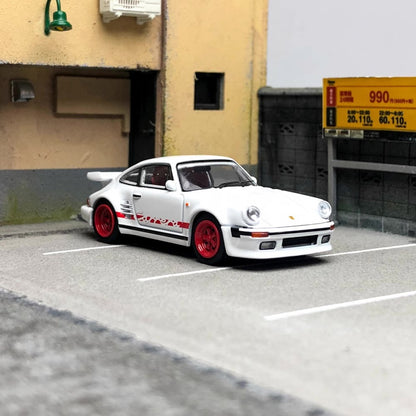 Master Model 1:64 Porsche 930 Turbo Open Engine Hood Wangan Midnight Black Bird Modified Edition- White with Red Wheels