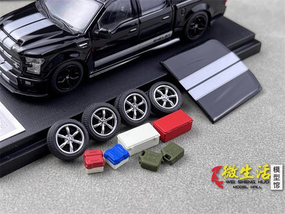 Funny Model 1:64 Ford F-150 F150 Pick Up Truck Shelby Lower Stance Custom Black with Tonneau Cover and Accessories