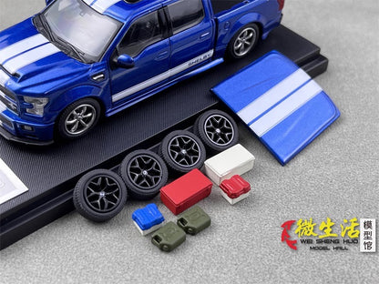 Funny Model 1:64 Ford F-150 F150 Pick Up Truck Shelby Lower Stance Custom Blue with Tonneau Cover and Accessories