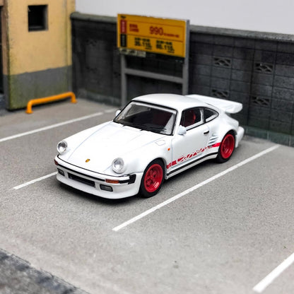 Master Model 1:64 Porsche 930 Turbo Open Engine Hood Wangan Midnight Black Bird Modified Edition- White with Red Wheels