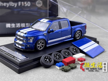 Funny Model 1:64 Ford F-150 F150 Pick Up Truck Shelby Lower Stance Custom Blue with Tonneau Cover and Accessories