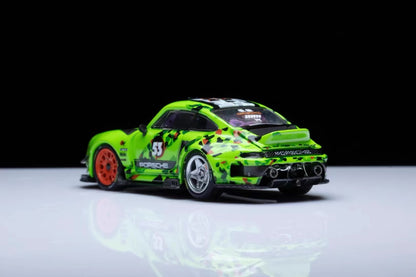 DCM 1:64 Porsche RWB 993 Duck Tail Spoiler Removable Rear Engine Hood- Fluorescent Green #53