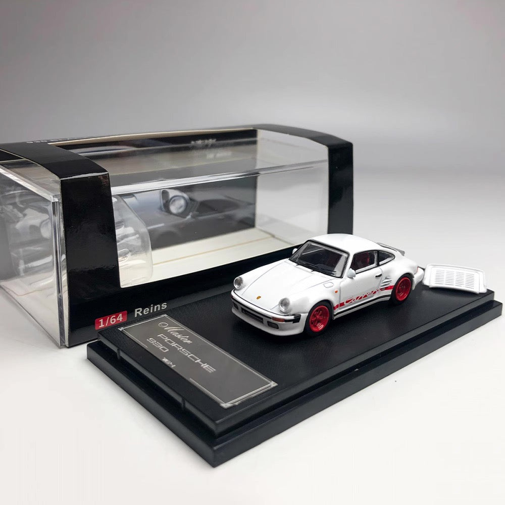 Master Model 1:64 Porsche 930 Turbo Open Engine Hood Wangan Midnight Black Bird Modified Edition- White with Red Wheels