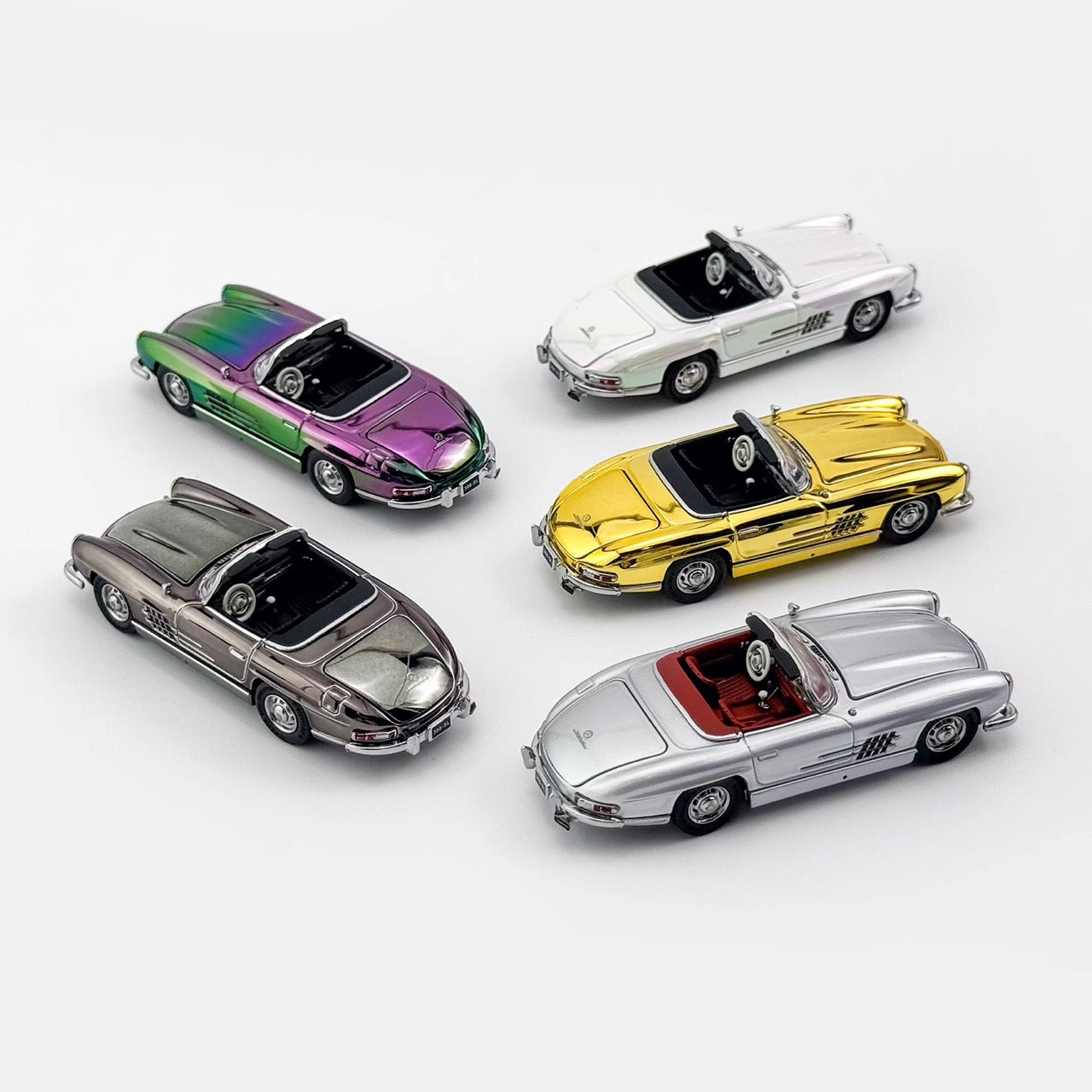 YS Model 1:64 Mercedes Benz SL Class MK1 300SL Roadster W198 Convertible Coupe Openable Front and Rear Hood Chrome White